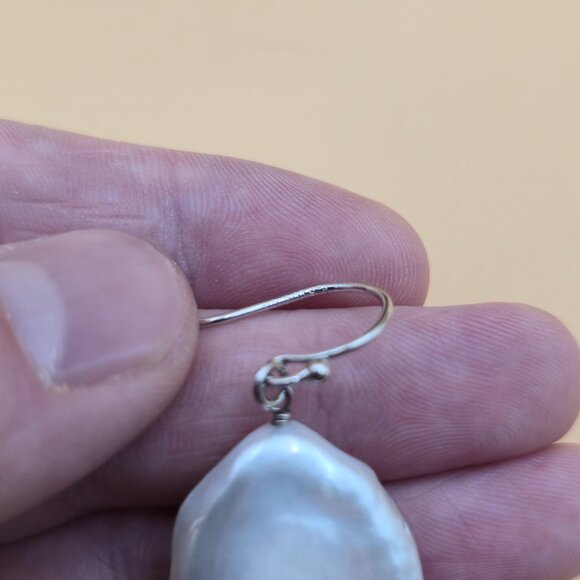 Sterling Silver Large Genuine Pearl Dangle Earrings A5275 - Picture 4 of 6